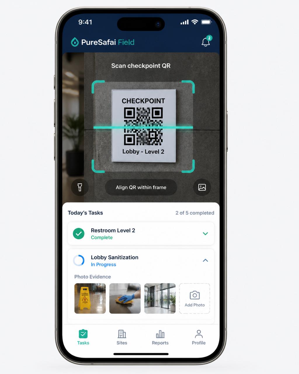 PureSafai Field mobile app showing QR scanner and task checklist with photo evidence