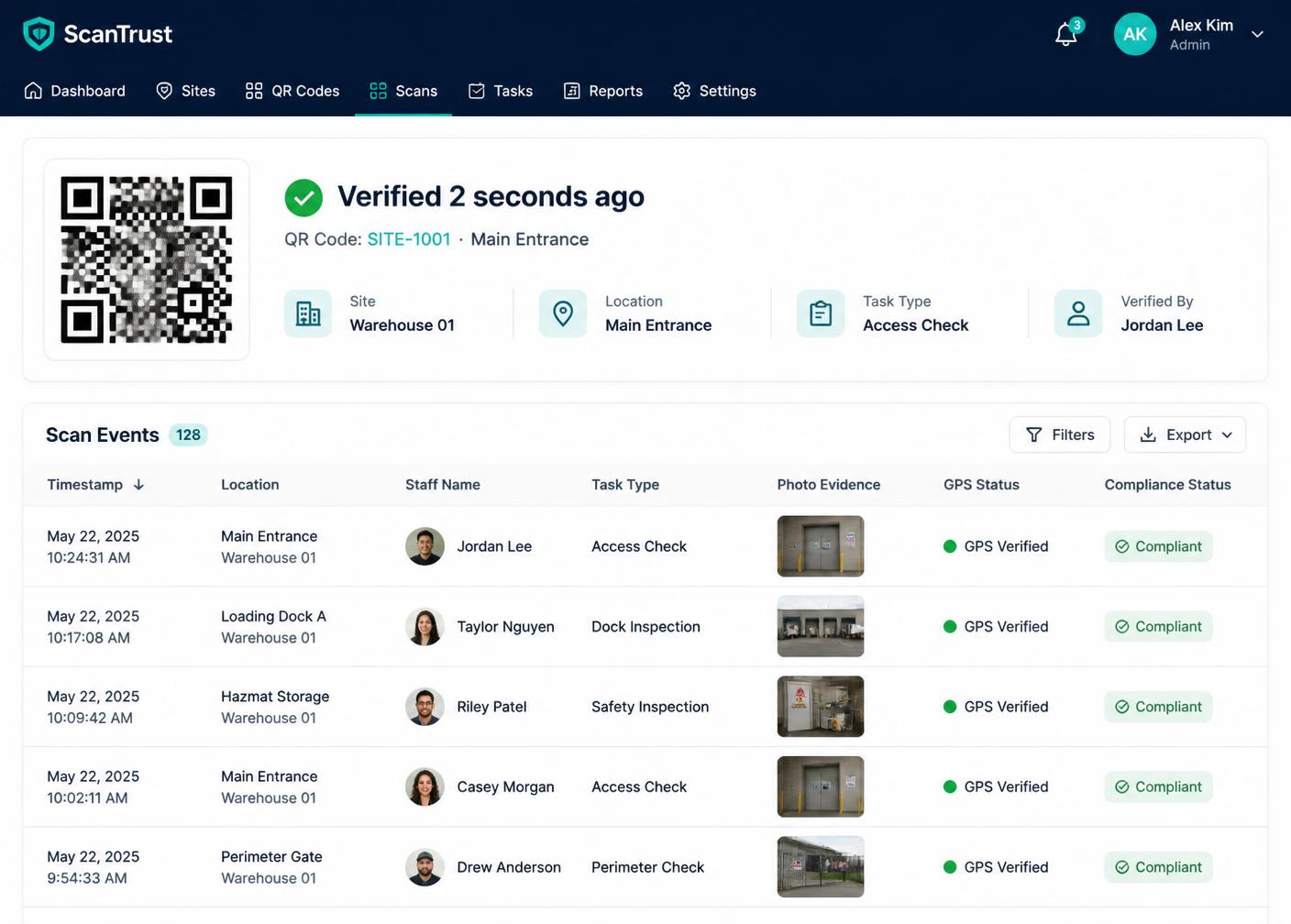 PureSafai Verify audit log showing scan events, staff photos, GPS status and compliance badges
